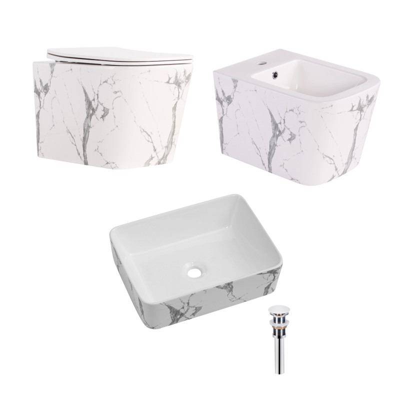 Комплект Qtap Tern Marble 3 в 1: підвісний унітаз Ultra Quiet + біде підвісне + раковина накладна QTTERMR49164