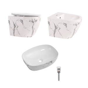 Комплект Qtap Robin Marble 3 в 1: підвісний унітаз Ultra Quiet + біде підвісне + раковина накладна QTROBMR49160