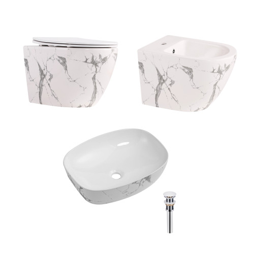 Комплект Qtap Robin Marble 3 в 1: підвісний унітаз Ultra Quiet + біде підвісне + раковина накладна QTROBMR49160