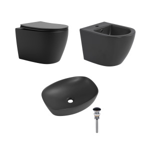 Комплект Qtap Robin Anthracite 3 в 1: підвісний унітаз Ultra Quiet + біде підвісне + раковина накладна QTROBAN49157