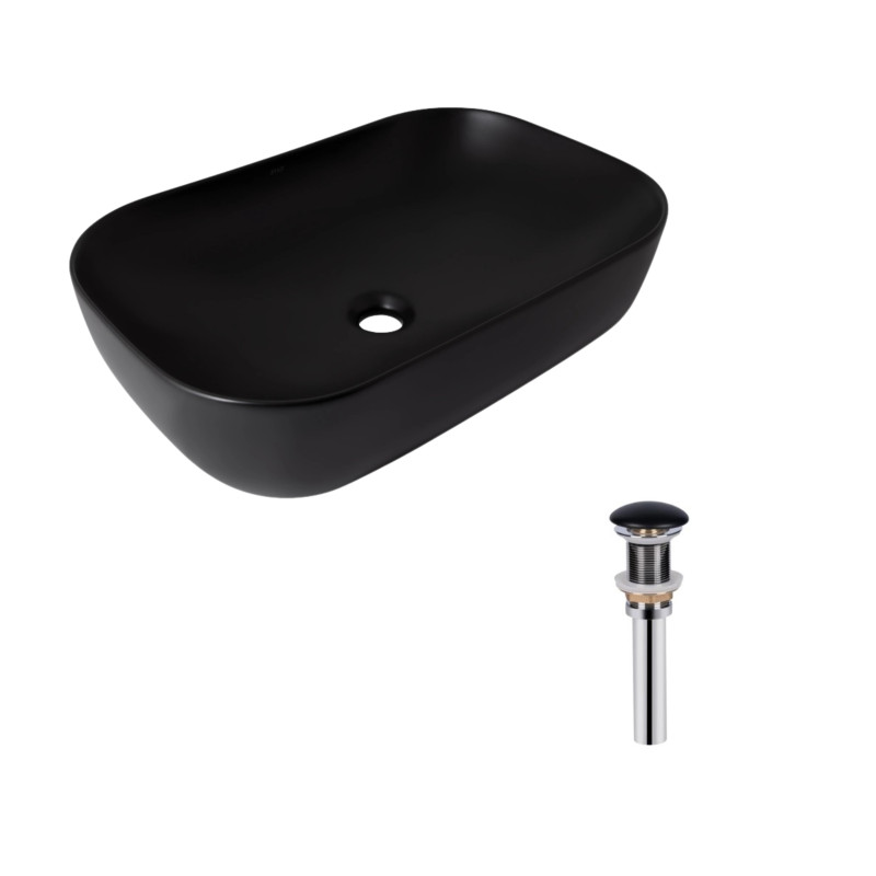Комплект Qtap Robin: Раковина накладна прамокутна 600x390x150 мм Matt Black + Донний клапан PU03
