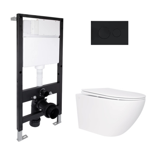 Готове рішення Qtap для ванної кімнати: підвісний унітаз Jay Rimless 520x360x320 + комплект інсталяції Standard (кругла клавіша Black)