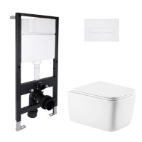 Готовое решение Qtap для ванной комнаты: подвесной унитаз Gemini Ultra Quiet 520x360x350 + комплект инсталляции Standard (линейная кнопка White)