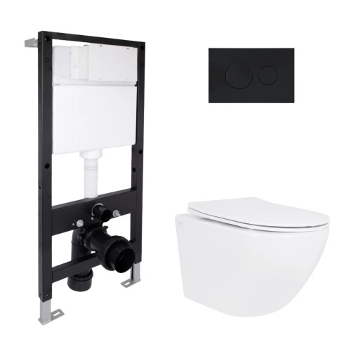 Готове рішення Qtap для ванної кімнати: підвісний унітаз Jay Rimless 485x360x320 + комплект інсталяції Standard (кругла клавіша Black)