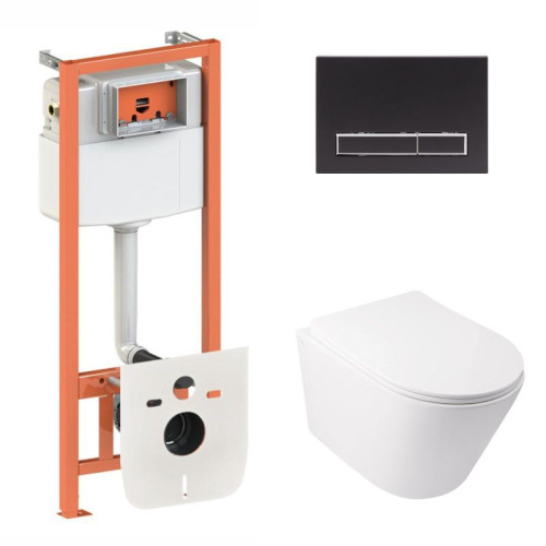 Готовое решение Qtap для ванной комнаты: подвесной унитаз  Swan Ultra Quiet 485x360x320 + комплект инсталляции Nest 4 в 1 (линейная клавиша Matt Black)