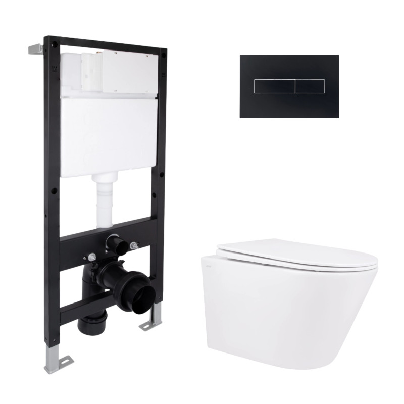 Готове рішення Qtap для ванної кімнати: підвісний унітаз Swan Rimless 520x360x320 + комплект інсталяції Standard (лінійна клавіша Black)