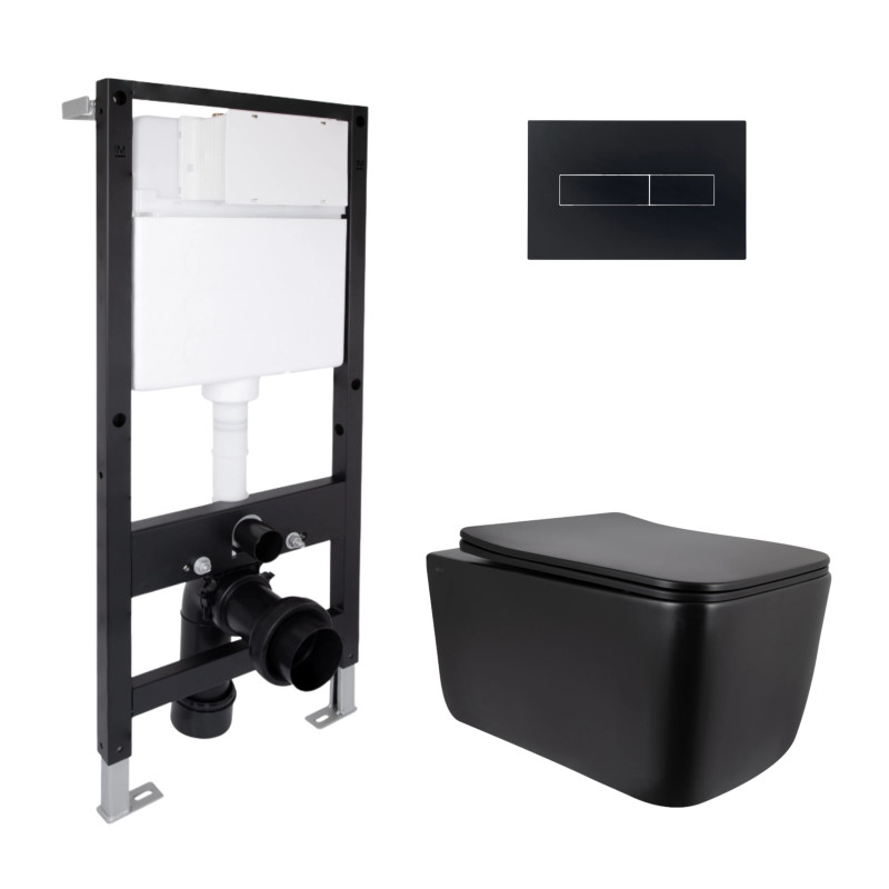 Готовое решение Qtap для ванной комнаты: подвесной унитаз Gemini Ultra Quiet 520x360x350 + комплект инсталляции Standard (линейная кнопка Black)
